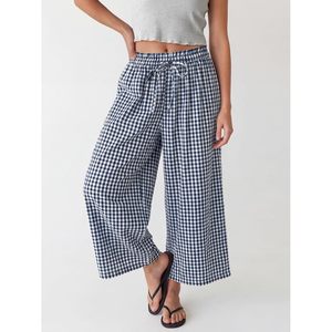FOXA Womens Gingham Palazzo Capri Pants <b>Wide</b> <b>Leg</b> Cotton Pajama <b>Trousers</b> With Pockets Breathable <b>Crop</b> PJ Bottoms - Product Image 4