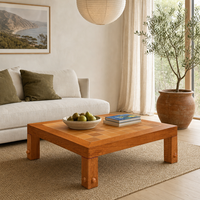 Table basse carrée vintage rétro en bois massif avec plateau en carrelage, table basse centrale pour salon, petit appartement, maison