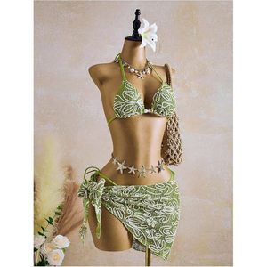 FOXA Women's 3 Piece Textured Floral <b>Bikini</b> <b>Set</b> With Cover Up Skirt Halter Triangle <b>String</b> Thong Swimwear - Product Image 3