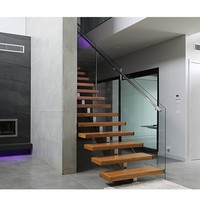 Escalier droit intérieur en bois à une seule colonne avec garde-corps en verre et main courante en acier inoxydable 304