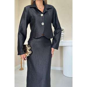 Elegante conjunto de chaqueta y falda de satén negro para mujer, ropa formal de manga larga. - Product Image 1