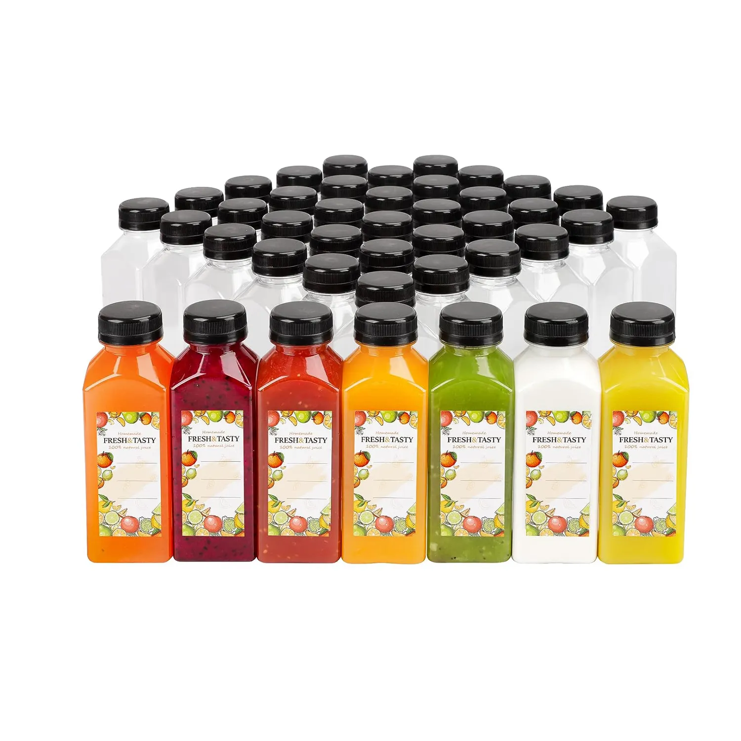 Garrafas de suco quadradas de plástico vazias de 12oz, mamadeira com tampas para suco, smoothies, beber