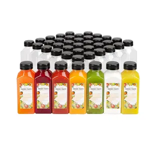 12oz Empty Plastic PET Square Juice Bottles with Caps for Juicing, Smoothie, Drinking