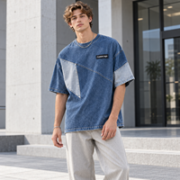 T-shirt personnalisé en denim patchwork irrégulier jacquard pour homme avec étiquette tissée – Idéal pour les marques de streetwear et la vente en gros de vêtements