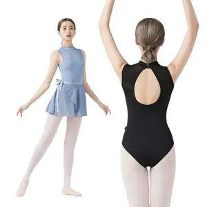 Leotard dansa balet wanita, pakaian latihan tari tanpa lengan renda Leotard elastis gadis