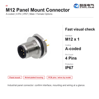 Conector de Montaje en Panel M12, Código A, 4 Pines, Macho y Hembra, Soldadura PCB, Cableado, IP67