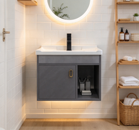 Ensemble de meuble-lavabo mural moderne pour salle de bain avec vasque en céramique, miroir LED, armoire en MDF, contreplaqué et PVC résistant à l'eau