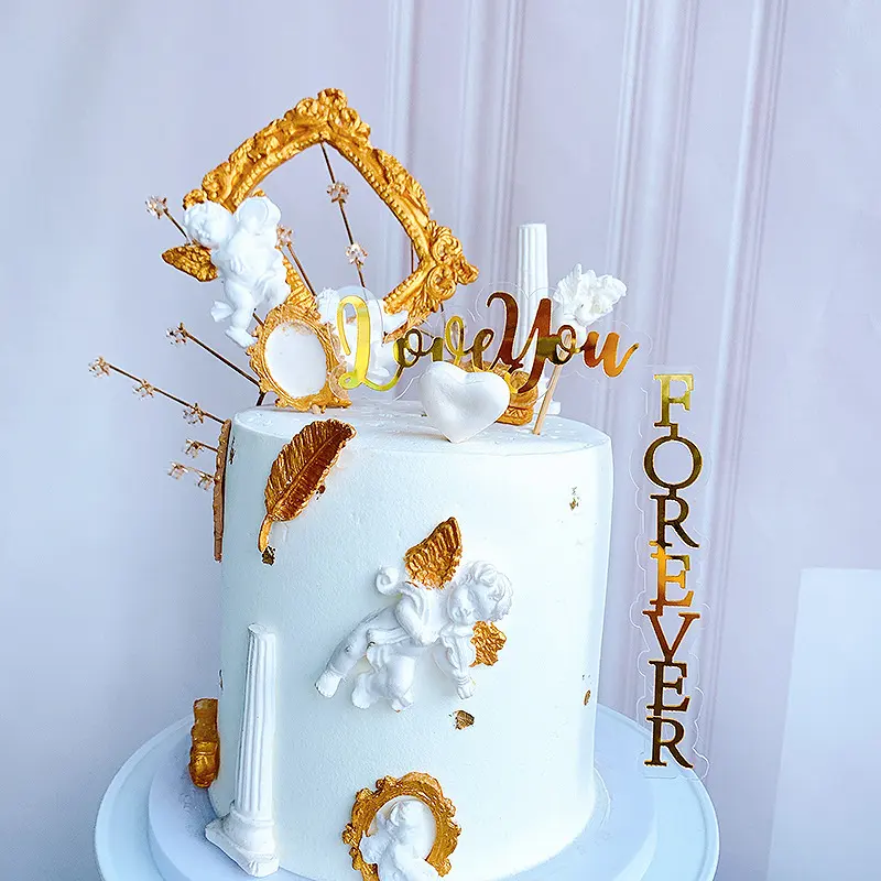 韓国の人気直角ハッピーアニバーサリーバースデーケーキデザイン垂直ゴールドバックケーキトッパー