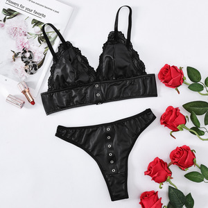 New Erotic Lingerie Set Lace PU Leather Stitching Sexy Underwear Set - Product Image 6