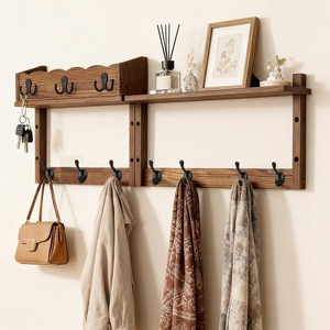 Wooden Wall-Mounted Coat <b>Rack</b> With Hooks And <b>Shelf</b> For Entryway Or Living Room Storage Durable Retro Brown Finish - Product Image 1