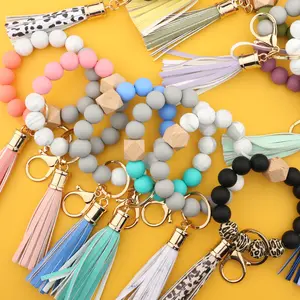 Custom Women Wooden Silicon Beads Elastic Bangle Key Chain Leather Tassel Silicone Beads Bracelet Wristlet Keychain