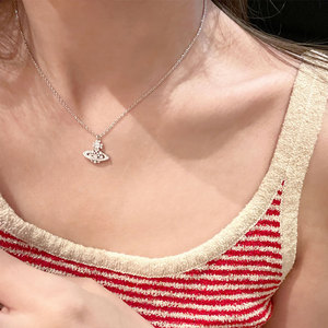 Collar con colgante pequeño de Saturno y copo de nieve hueco con diamantes completos, estilo Imperatriz Viuda, para mujer, cadena de bambú de plata 925, apilable, deportivo, para uso diario - Product Image 3