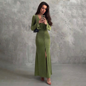 Vestido Maxi Verde de Punto Acanalado con Cuello en V Profundo, Manga Acampanada, Botones Delanteros, Ajustado, Manga Larga, Elegante para Fiesta de Otoño - Product Image 4