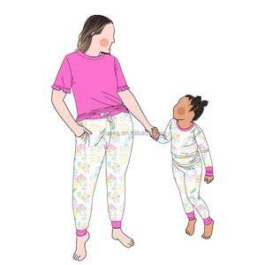 Ventes en gros de pyjamas en bambou personnalisés à l'européenne et à l'américaine avec impression tie-dye, nouveau ensemble assorti parent-enfant pour enfants, bébés filles - Product Image 2