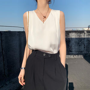 Camicette Formali in Seta Eleganti da Donna <span class=keywords><strong>Senza</strong></span> <span class=keywords><strong>Maniche</strong></span> Top di Lusso Moda Femminile Bianco Raso Camicette Estive da Ufficio per Donna - Product Image 2