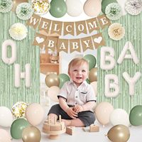 Décoration de fête prénatale vert sauge, ballons verts avec bannière WELCOME BABY, rideaux à franges, ballons en aluminium, fleurs en papier pour fête prénatale