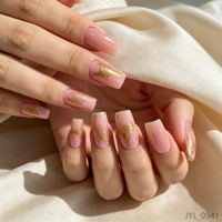 Vente en gros de faux ongles personnalisés à marque privée, lot de 24 pièces, rose nude, feuille d'or, carrés, réutilisables, pour salon