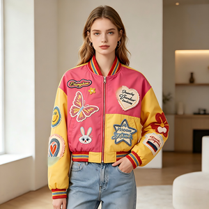 Giacca Corta Rosa Y2K Personalizzabile per <span class=keywords><strong>Donna</strong></span>, Logo Personalizzato, Ricamo ad Alta Densità, Patchwork, Cappotto Streetwear - Product Image 2