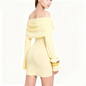 Vestido Mini Sem Alças de Manga Longa em Malha Canellada Amarelo Elegante Bodycon para o Dia a Dia no Outono - Product Image 2