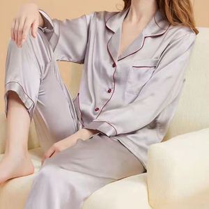 Pyjama long de luxe 100% soie de mûrier pour femmes, ensemble de pyjama deux pièces pour l'été et l'automne - Product Image 3