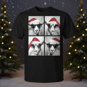 Camiseta festiva con diseño de cabras navideñas con gafas de sol y gorro de Papá Noel - Product Image 3