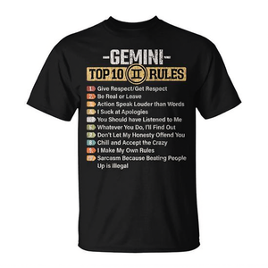 T-shirt graphique Gemini Top 10 Rules, design du signe du zodiaque, coupe unisexe - Product Image 2