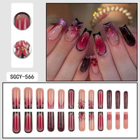 Uñas postizas francesas florales degradadas tipo ataúd, 24 unidades, de ABS, con puntas de uñas usables para mujer, venta al por mayor, marca personalizada, ¡las más vendidas!