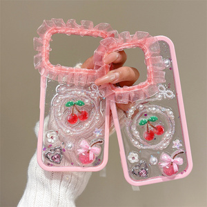 เคสโทรศัพท์มือถือลายลูกไม้กลิตเตอร์ประดับโบว์เชอร์รี่สำหรับ iPhone 17 16 15 14 Pro Max พร้อมดอกไม้ประดับกล้อง ลูกปัดเรซิ่น DIY ชาร์มตกแต่งฝาหลัง - Product Image 2