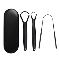 Ensemble noir de 3 pièces boîte de couleur métal acier inoxydable grattoir à langue nettoyage enlever la mauvaise haleine outil avec boîte de voyage