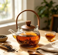 Théière en verre borosilicate haut de gamme Wuso, design classique, forme sphérique, poignée de levage en bois, couvercle en bois, résistante à la chaleur