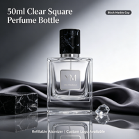 Flacon pulvérisateur d'huile de parfum en verre transparent carré de 50 ml, col serti de 15 mm, atomiseur de parfum, bouchon en marbre noir mat, logo personnalisé