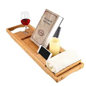 Hot Sale Bamboo Bathtub Caddy Bath Organizer With Extendable Sides Cellphone Tray And Wineglass Holder