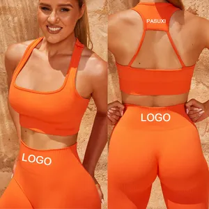 Grosir gym pakaian celana pendek wanita-PASUXI Set Yoga 5 Potong, Pakaian Olahraga Wanita Bra + Celana Gym Pinggang Tinggi, Pakaian Lari Wanita