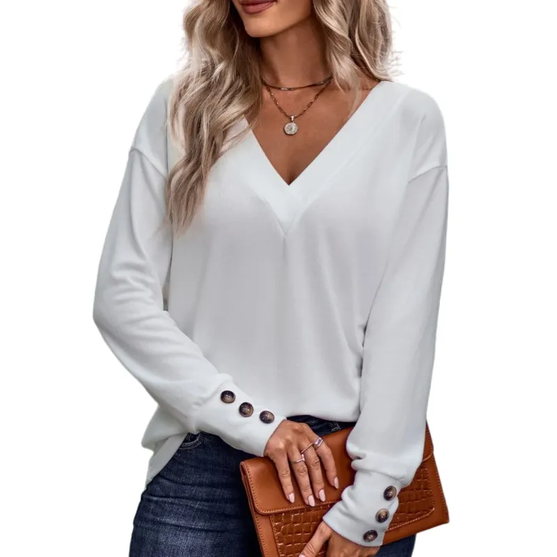 La Camiseta holgada de manga larga más vendida para mujer Shopify Drops-hipping camiseta blanca con cuello en V camiseta de otoño camisetas simples