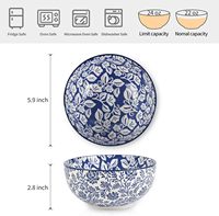 Bol à céréales en céramique et porcelaine bleu à motif personnalisé fait main de 6 pouces, ensemble de bols profonds pour soupe et salade