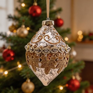Ornamento Natalizio a Goccia Bianco e Oro Glitterato, Design in Vetro con Mistletoe e Dettagli in Perla per Albero - Product Image 4