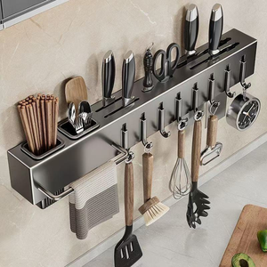 Organizador de Cocina Multifuncional de Pared, Metálico y PP, para Almacenamiento de Cuchillos y Utensilios, con Ganchos para Colgar y Barra para Toallas - Product Image 1