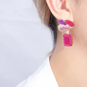 Mixed Color Gem Cube Fashion Jewelry Earrings High-End Light Luxury Flash Diamond Rose Red Earrings Women 2023 Customizable