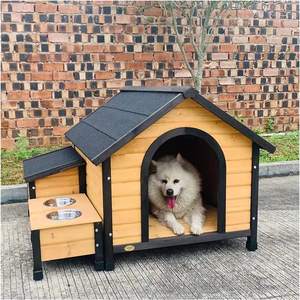 Hundehütte Holz im Freien mit Veranda Food Bowl Birds String Solid Home Blockhaus Stil Zwinger Wetter beständig Wasserdicht - Product Image 6