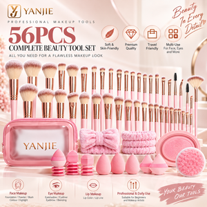 Professionelles YANJIE 56-teiliges Make-up-Pinsel-Set mit Synthetikfaser-Steingriff, inklusive flachen, verschmierenden, abgewinkelten Rouge- und Fächerpinseln - Product Image 1