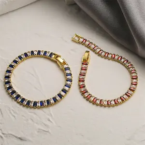 Hot New Fashion Tennis Chain Jewelry Copper Plated 18K Gold Mosaic Red And Blue Zircons Bracelet For women