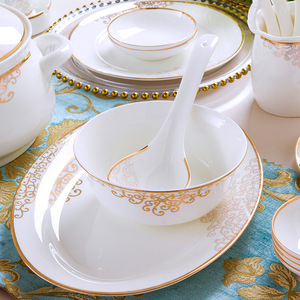 Bộ đồ ăn sứ xương cao cấp khách sạn, gồm đĩa, bát, nồi, màu trắng và vàng, kèm nắp gốm - Product Image 2