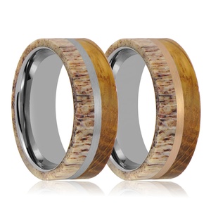 Real Deer Antler and Whiskey Barrel <strong>Wood</strong> <strong>Inlaid</strong> Men's Tungsten Wedding Ring - Product Image 6
