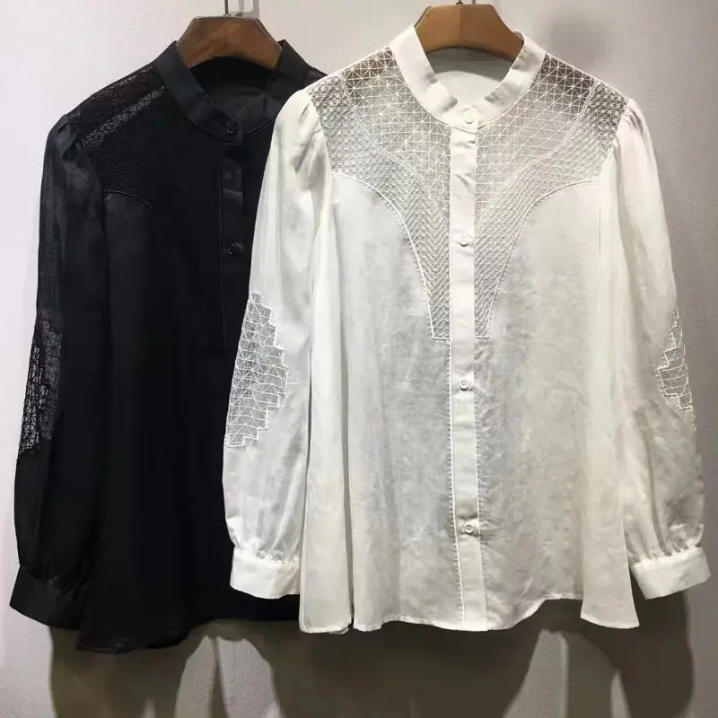 Блузка женская льняная с вышивкой, пикантная сетчатая рубашка с длинным рукавом, черный белый цвет, весна-лето 2022