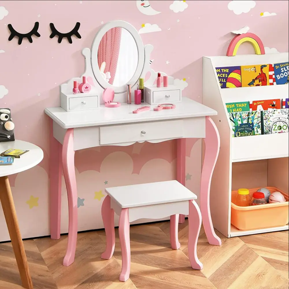Kids Vanity Set Drawers Princess Vanity Table Chair Set Makeup Dressing Table Bedroom Modern Oak with Rotatable Mirror for Girls