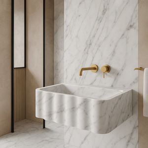Customized White Marble Bathroom <b>Vanity</b> <b>Table</b> Top Countertop Basin Fluted Hand Washbasin - Product Image 1