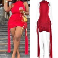 ZHEZHE femmes été élégant robe de soirée de haute qualité sans manches col roulé Mini gland impression numérique pour Boutique