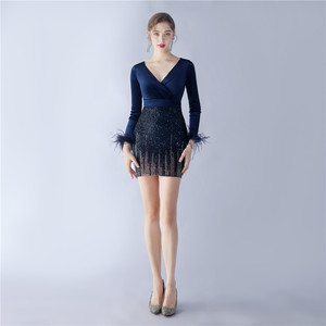 31338 # Comercio Exterior 2024 Nuevo Camello Pajaro Pelo Perlas Terciopelo Costura Cadera-envolto Manga Larga Corto Vestido - Product Image 3