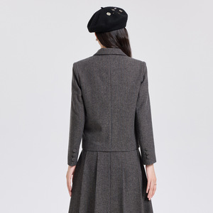 Women's Wool Suit Set Gray Brown Solid Color Jacket And Skirt Two Piece Professional Office Wear For Interview Commute - Product Image 3