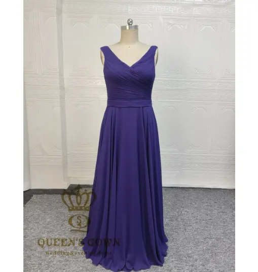 QUEENS GOWN mulheres elegante azul chiffon vestido de noite sem mangas v pescoço noiva mãe vestidos de noite